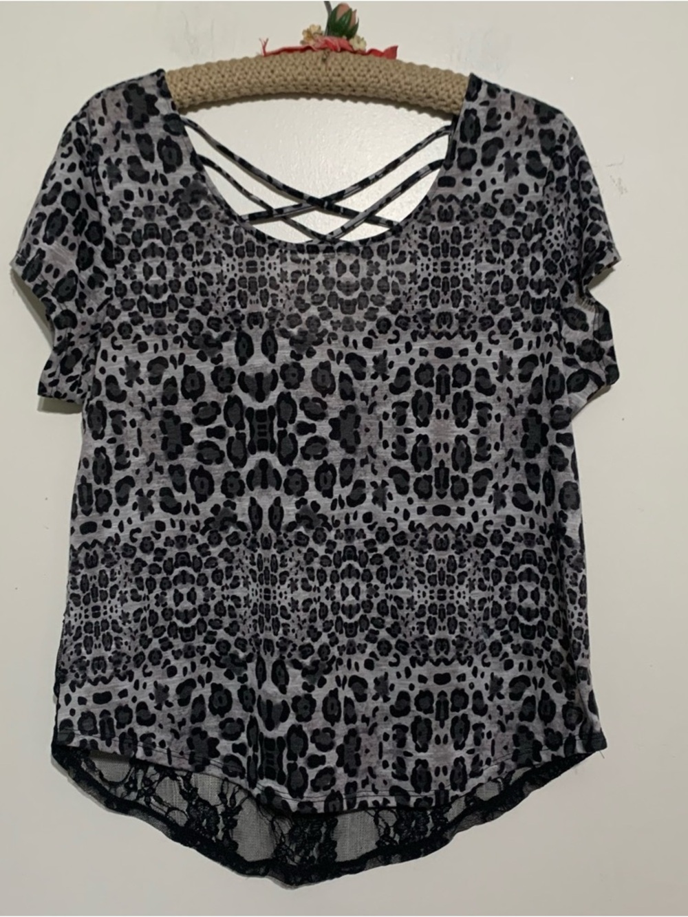 No Boundaries Black and Gray Leopard Print Short Sleeve Top with Crisscross Back
